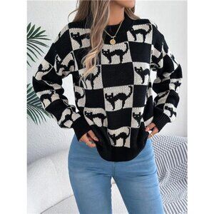 Cozy Cat Checkerboard Pattern Sweater
